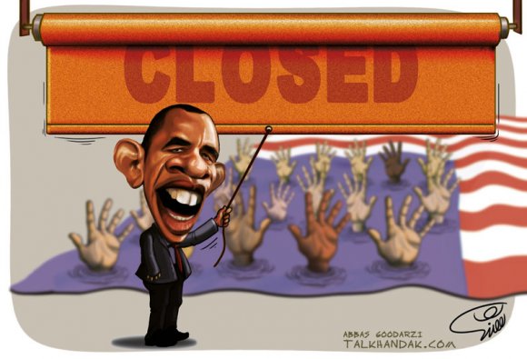 تعطیلی آمریکا,اوباما,کاریکاتور,سیاسی,مردم,بسته,تعطیل,دست,کمک,غرق